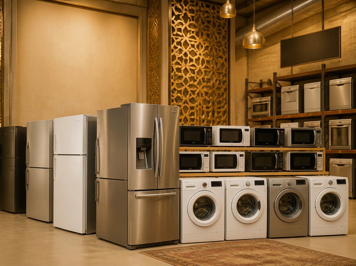 Second hand home appliances including fridges and washing machines in a Dubai warehouse