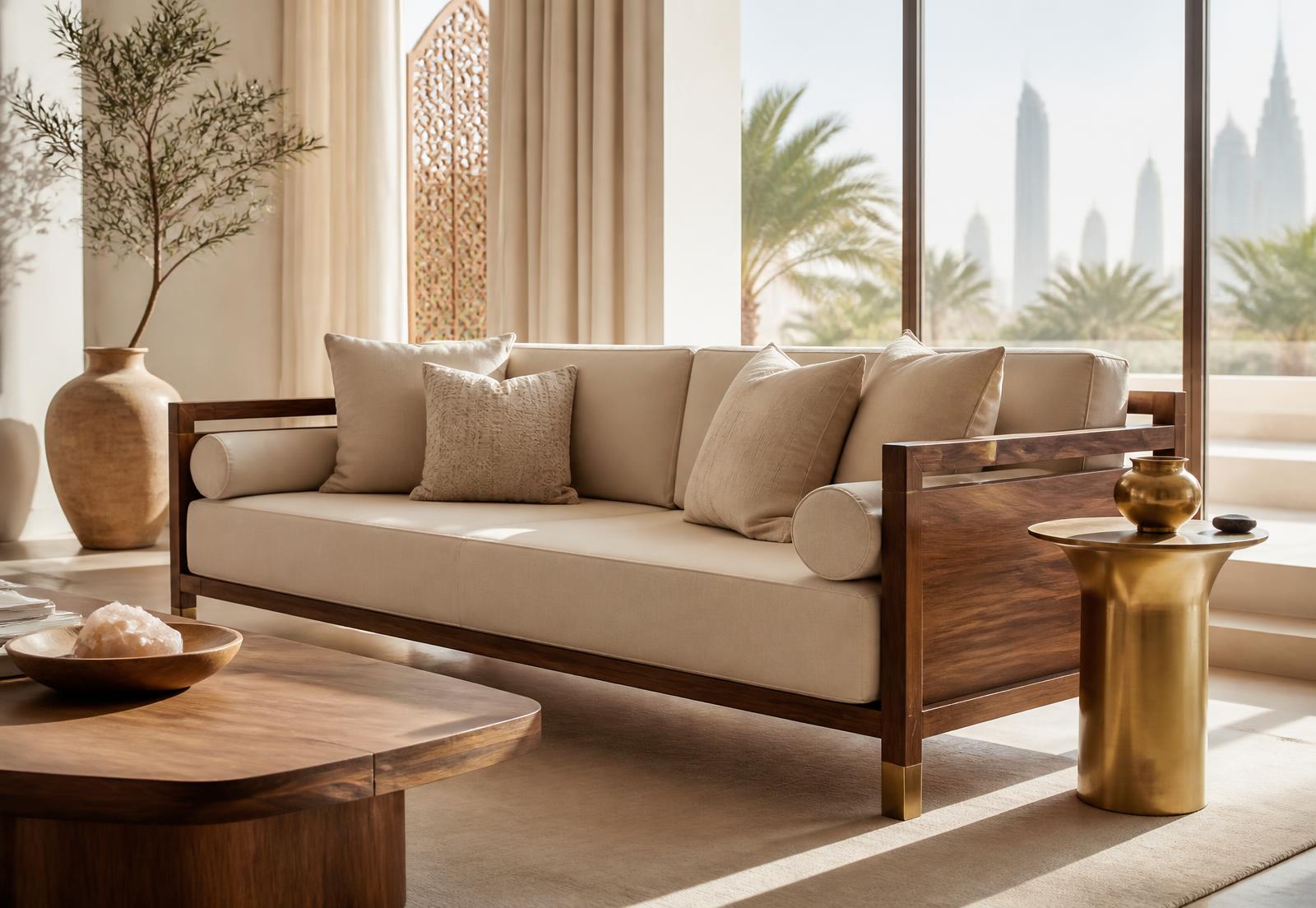 Premium pre-owned walnut sofa set in a bright Dubai villa living room