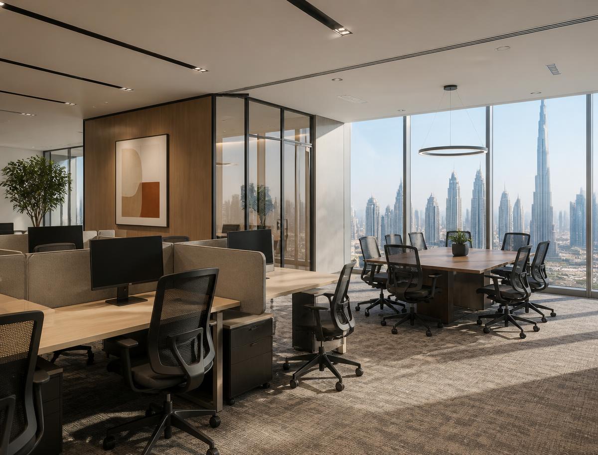 Used office furniture with workstations and mesh chairs in a Dubai office tower