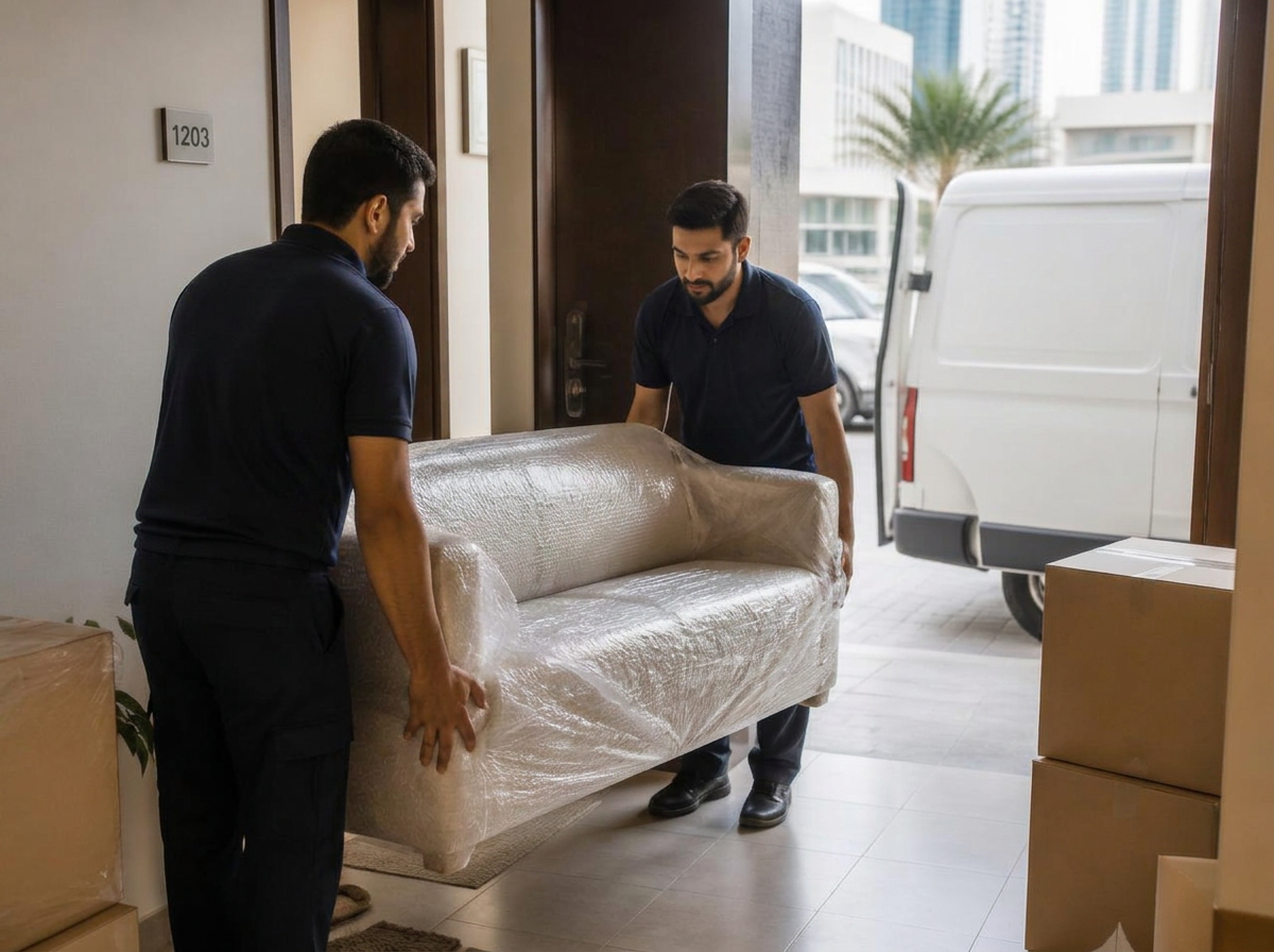 Furniture removal crew wrapping and carrying a used sofa from a Dubai apartment