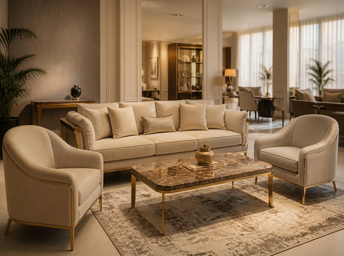 Pre-owned luxury sofa set and marble coffee table in the Dubai Furniture Hub showroom
